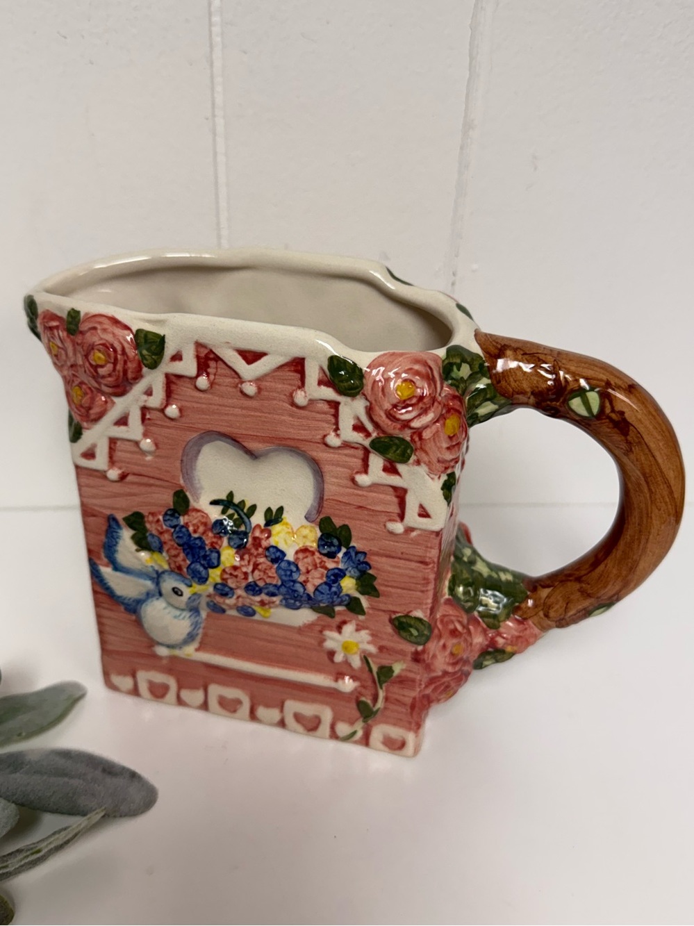 Vintage 90s Hand-Painted Pink Birds & Flowers Ceramic Pitcher Vase 3D Design